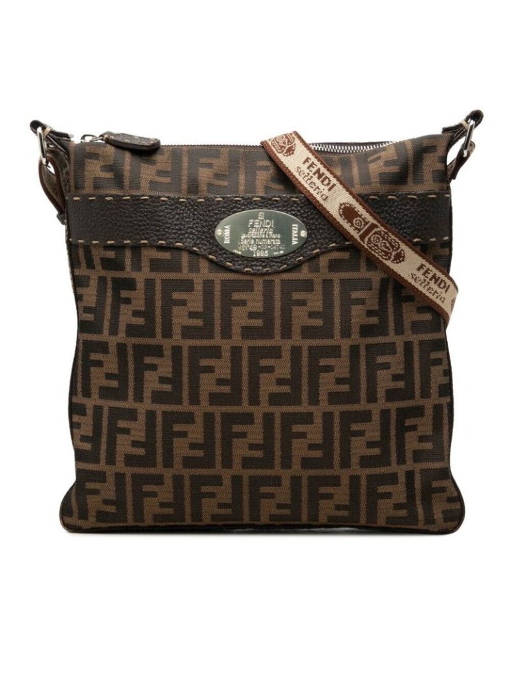Fendi Zucca Selleria Crossbody Shoulder Bag Brown Canvas Leather